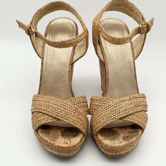Stuart Weitzman Minx Tan Woven Leather Ankle Strap Cork Wedge Sandals Women’s 7 - Picture 5 of 16